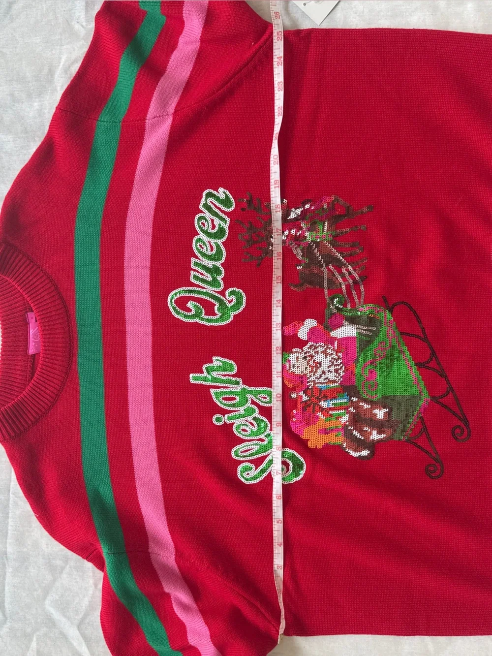 QUEEN OF SPARKLES NWT Red Green Pink Striped Sequin 'Sleigh Queen' Sweater S